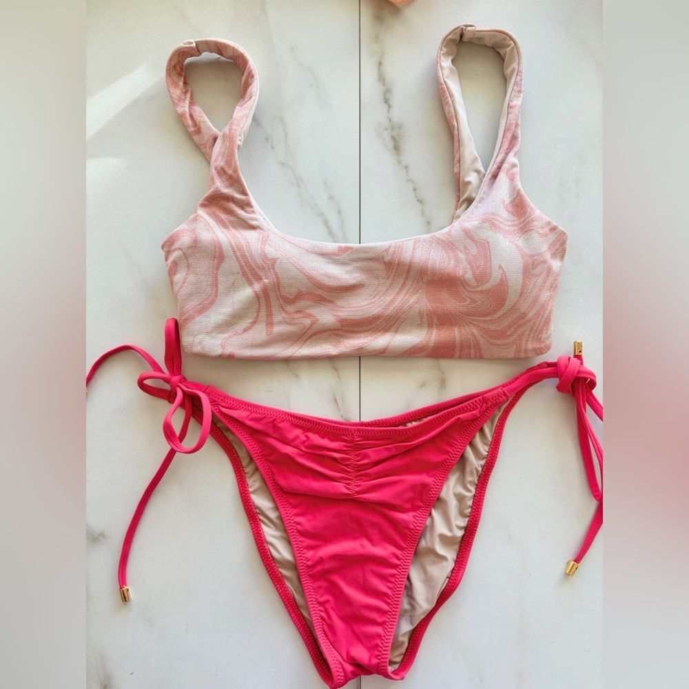 New Anthropologie l*space Lizzie Top PilyQ Marble Shades of Red Bikini